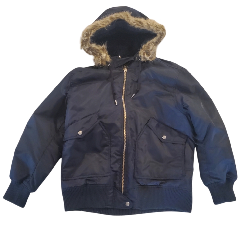 J. Crew Navy Puffer Jacket with Fur Trim Hood Women's Sizes Medium